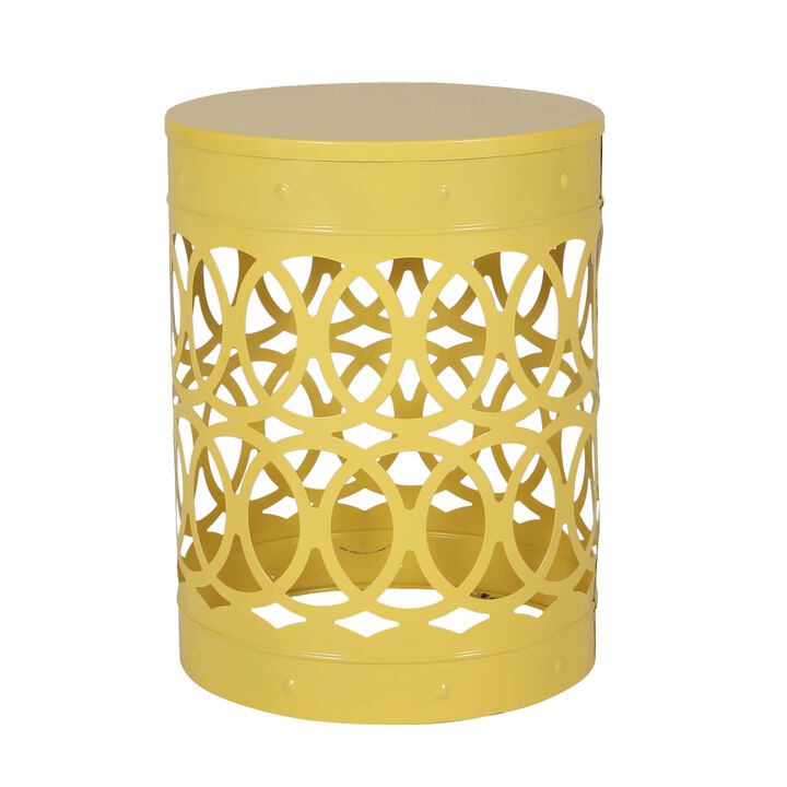 Kemo Outdoor End Table, Round 14 Inch, Cutout Design, Yellow Frame - Benzara