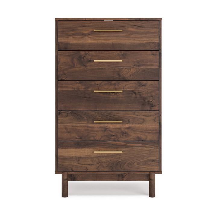 Kip 50 Inch 5 Drawer Modern Tall Dresser Chest, Dark Brown, Gold Handles-Benzara