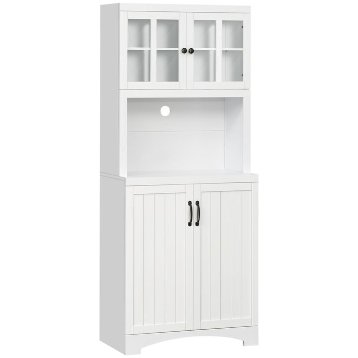 White Kitchen Storage: Hutch Cabinet with Glass Door and Microwave Space White Kitchen Storage: Hutch Cabinet with Glass Door and Microwave Space