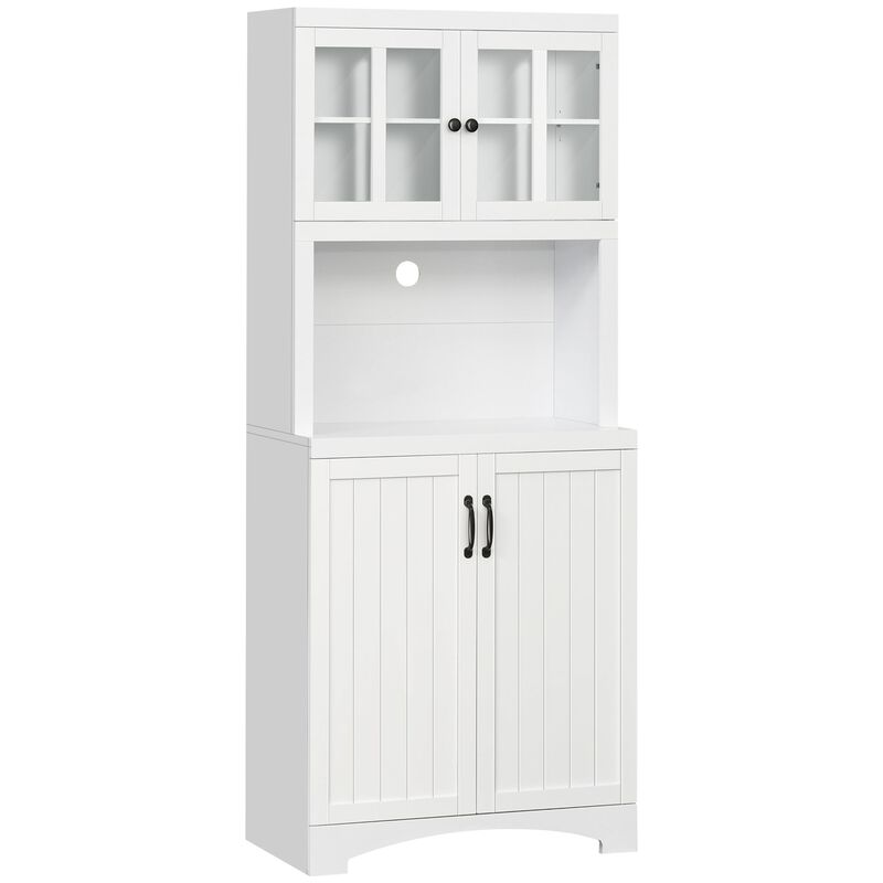 White Kitchen Storage: Hutch Cabinet with Glass Door and Microwave Space