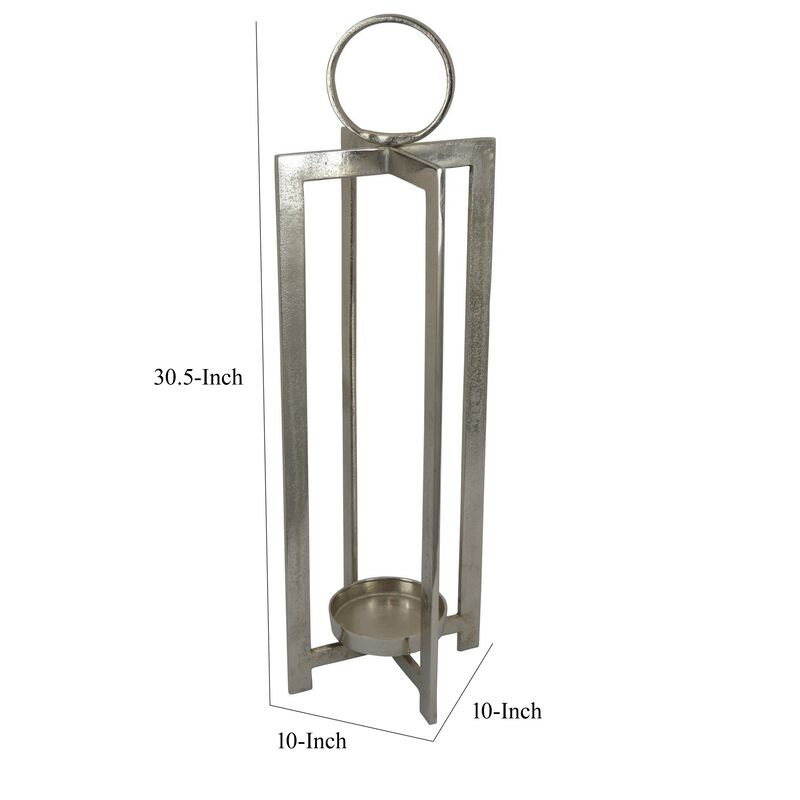 Siana 31 Inch Lantern Candle Holder, Classic Silver Finished Metal - Benzara
