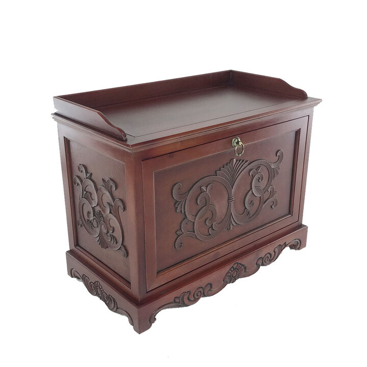 Engraved Wooden Shoe Cabinet with Drop Down Opening and Metal Hinges, Brown-Benzara