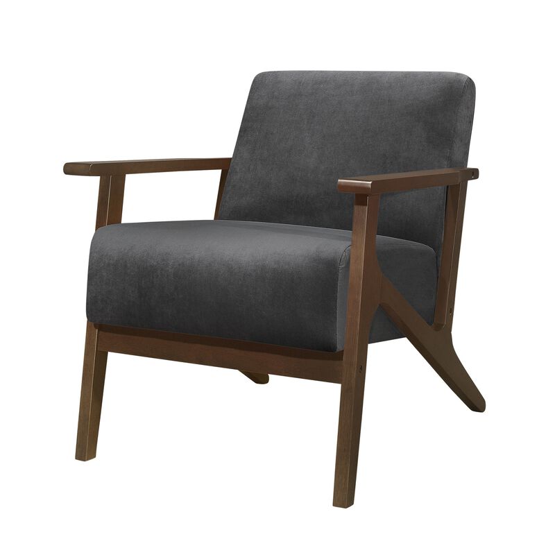 Rica 32 Inch Accent Armchair, Dark Gray Velvet, Walnut Brown Solid Wood - Benzara