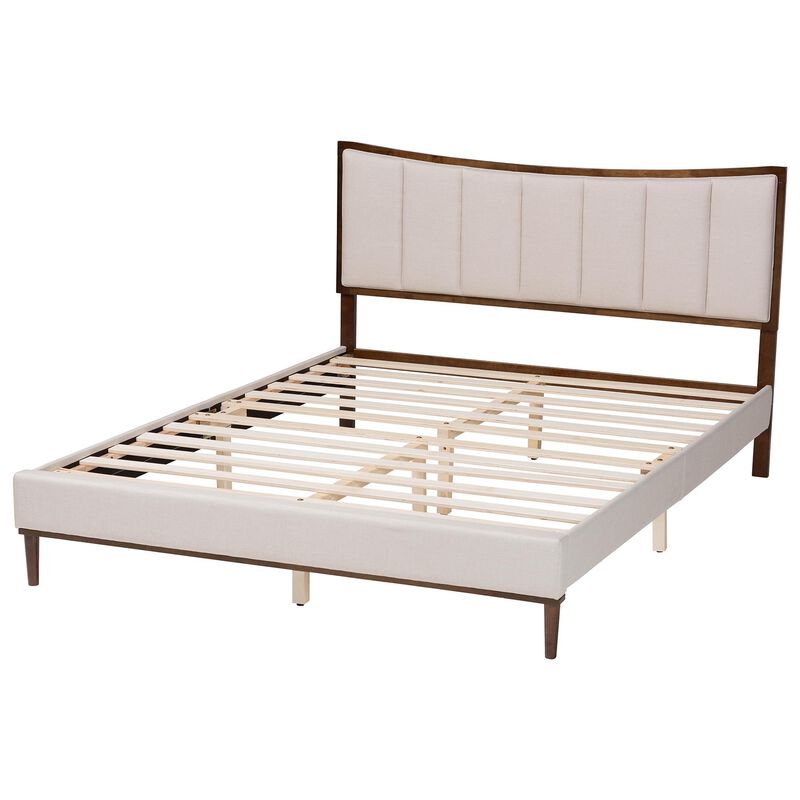 Baxton Studio Nikolai Mid Century Channel Tufted Beige Fabric and Wenge Brown Wood Queen Bed