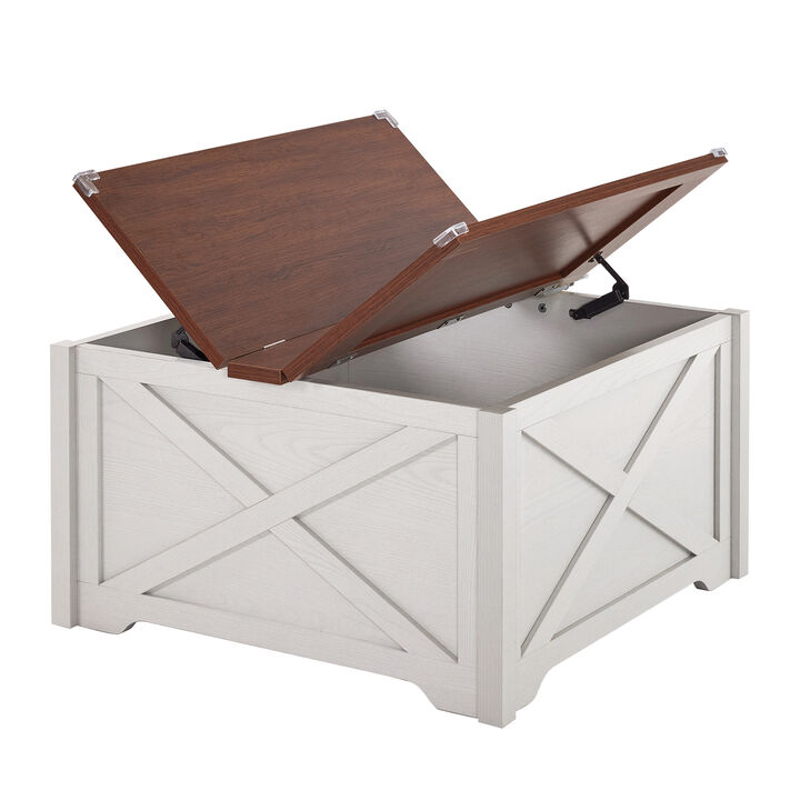 Farmhouse Coffee Table, Rustic Center Table with Hidden Storage Compartment for Living Room
