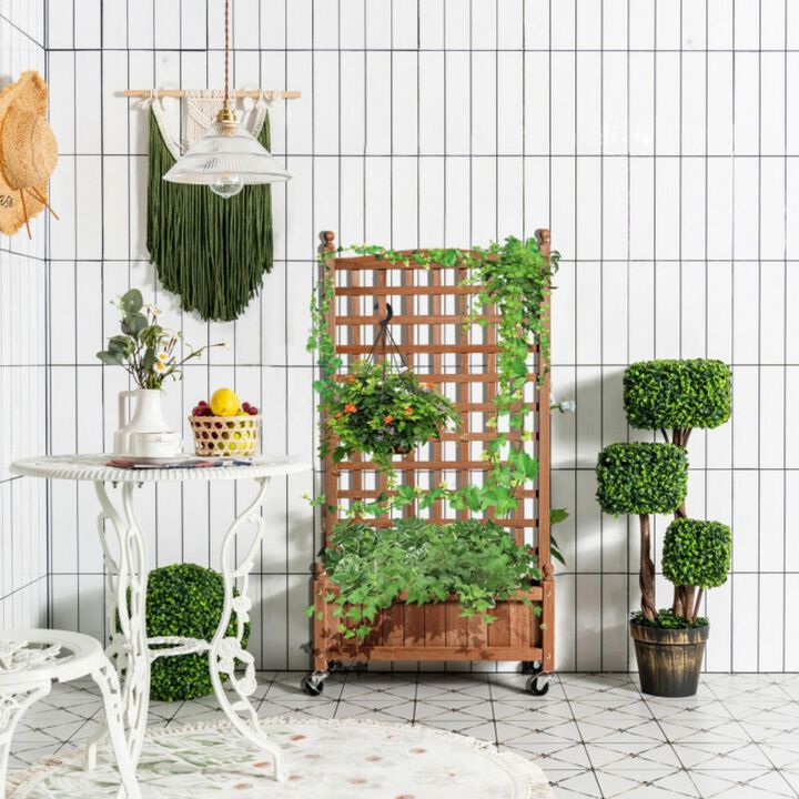 Hivvago 50 Inch Wood Planter Box with Trellis Mobile Raised Bed for Climbing Plant