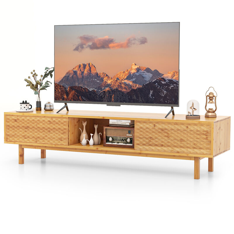 63 Inches Mid Century Modern Wicker TV Stand with Sliding Doors-Natural