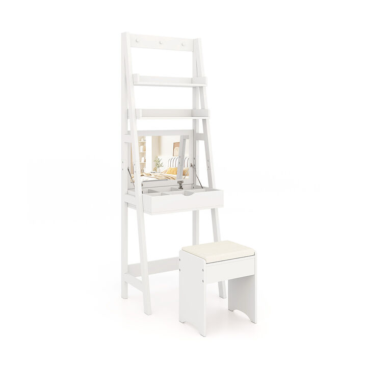 Vanity Desk Set with Flip Top Mirror  Hidden Storage Compartments and Cushioned Stool