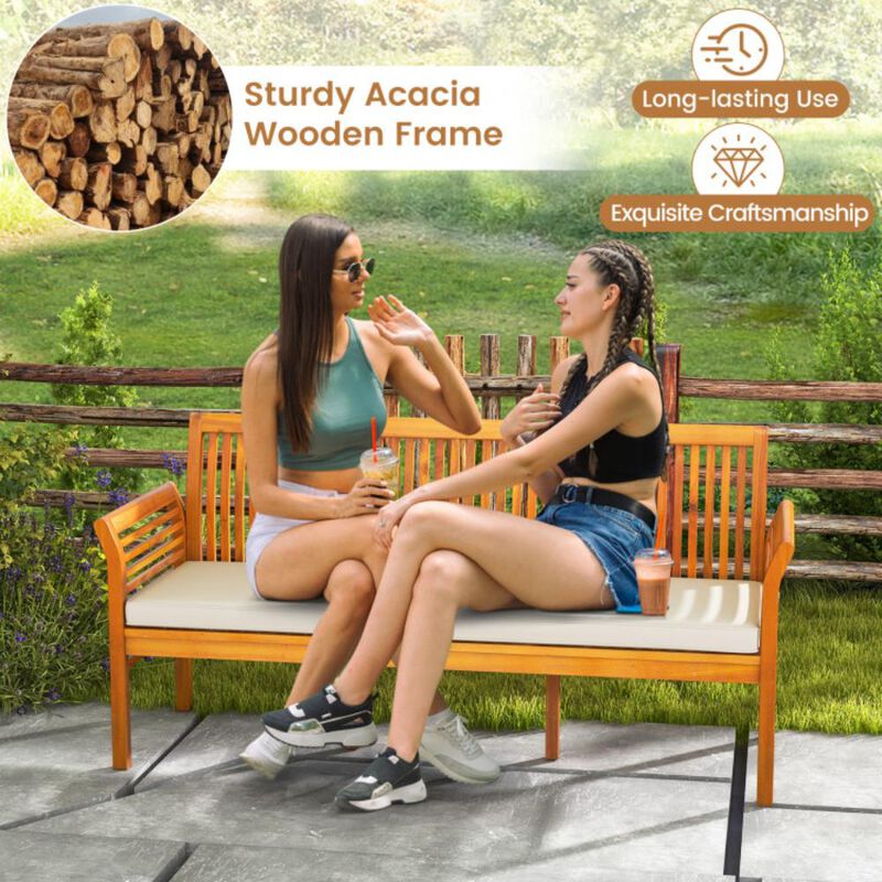 Hivvago 62.5 Inches Patio 3-Seat Wood Bench with Soft Seat Cushions-White