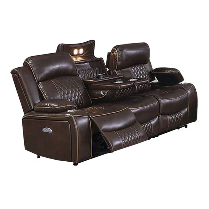 Seda 80 Inch Power Reclining Sofa, USB Port, Dark Brown Vegan Faux Leather - Benzara