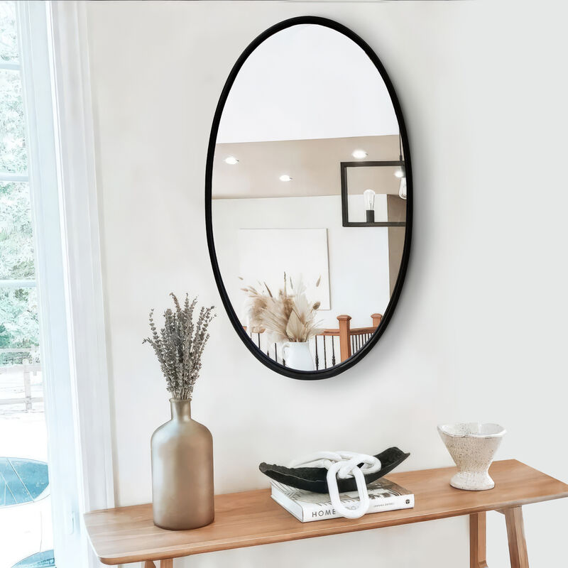 Oval Metal Wall Mirror with Framed Edges and Wooden Backing, Black-Benzara