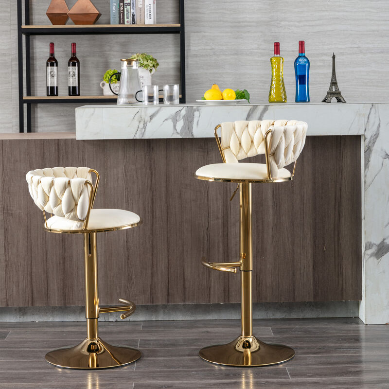 Set of 2 Bar Stools, with Chrome Footrest and Base Swivel Height Adjustable Mechanical Lifting Velvet + Golden Leg Simple Bar Stool-Cream