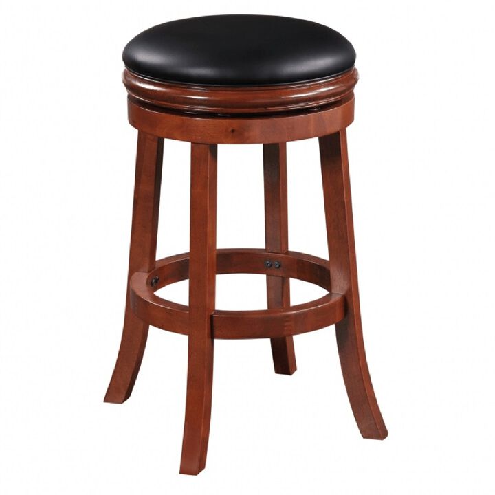 Sabi 30 inch Swivel Counter Stool, Solid Wood, Faux Leather, Brown, Black-Benzara