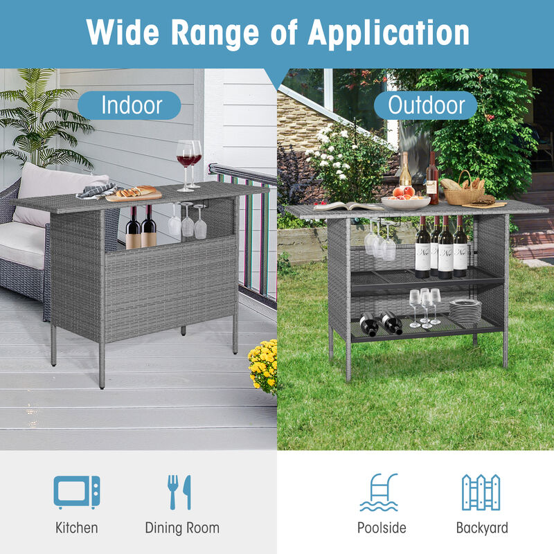 Outdoor Patio Wicker Bar Table with Metal Shelves