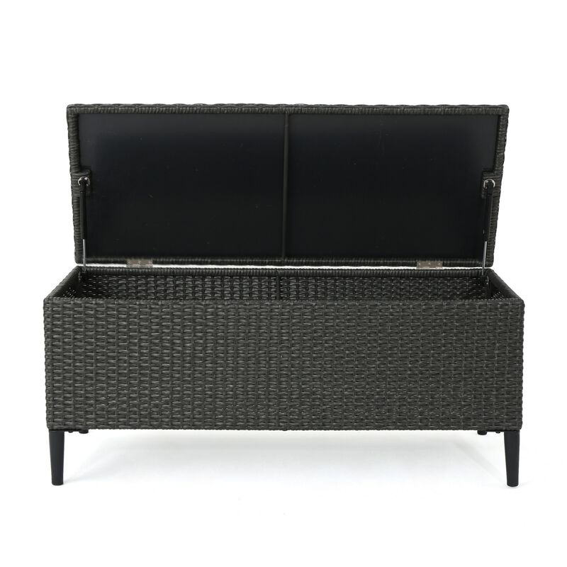 Gert Outdoor Wicker Bench with Storage, 42 Inch Iron, Gray Rattan - Benzara