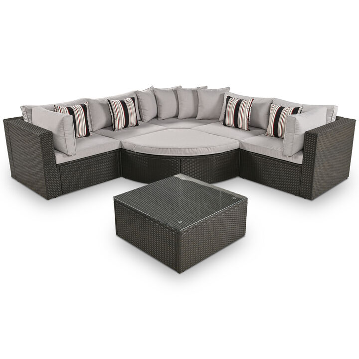 Whisen Outdoor Wicker Sofa Set, Rattan Sofa Lounger, With Striped Green Pillows, Conversation Sofa - Gray