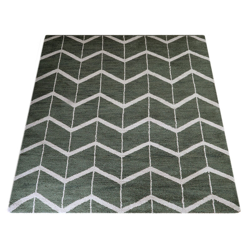 HAND KNOTTED WOOL Geometric AREA RUGS  - 5'x8', Rectangle Shape, Green Beige Color, Geometric Modern, Medium Pile Handmade Area Rugs for Living Room, Bed Room (N01052)