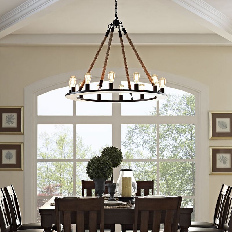 Modway Encircle Rope and Steel Metal 12-Light Pendant Round Chandelier in Brown