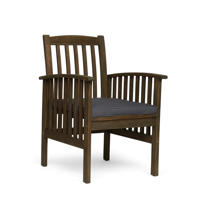 Gerry Dining Chair, Slatted Back Outdoor Natural Brown Wood, Dark Gray - Benzara