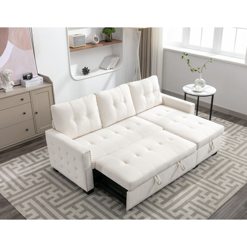 77" Reversible Sleeper Sectional With Storage, Beige Velvet