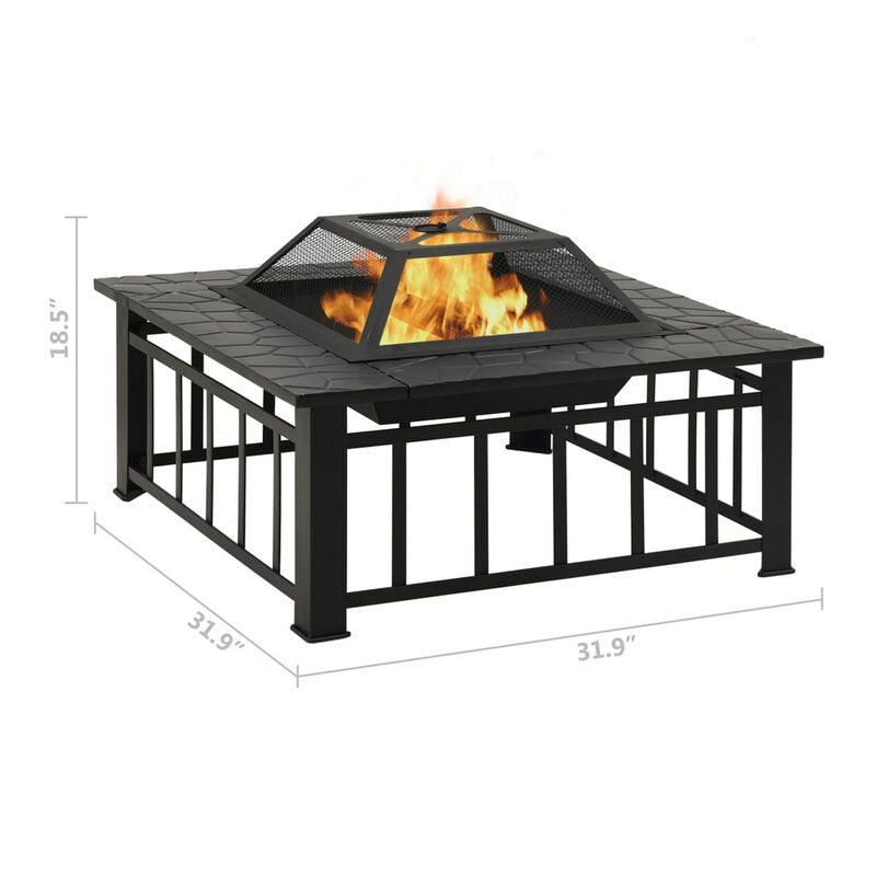 Outdoor Fire Pit with Poker and Mesh Cover, 32 Inch Black Steel Frame - Benzara