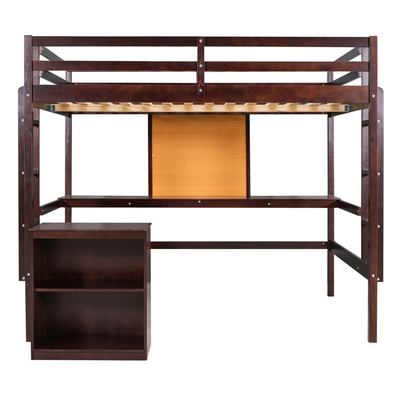 Full Size Loft Bed With Desk And Writing Board, Wooden Loft Bed With Desk & 2 Drawers Cabinet
