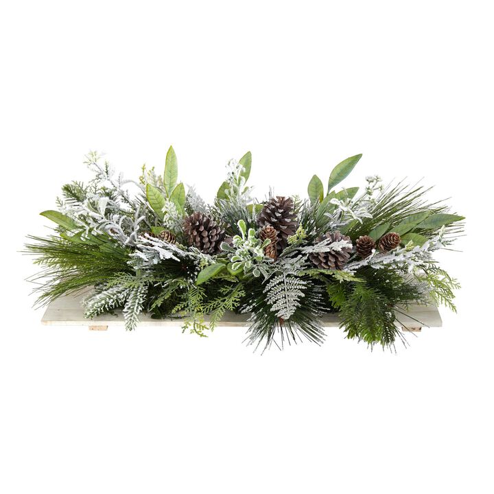 Nearly Natural 26-in Holiday Flocked Winter Christmas Artificial Arrangement Cutting Board Wall Decor or Table Arrangement