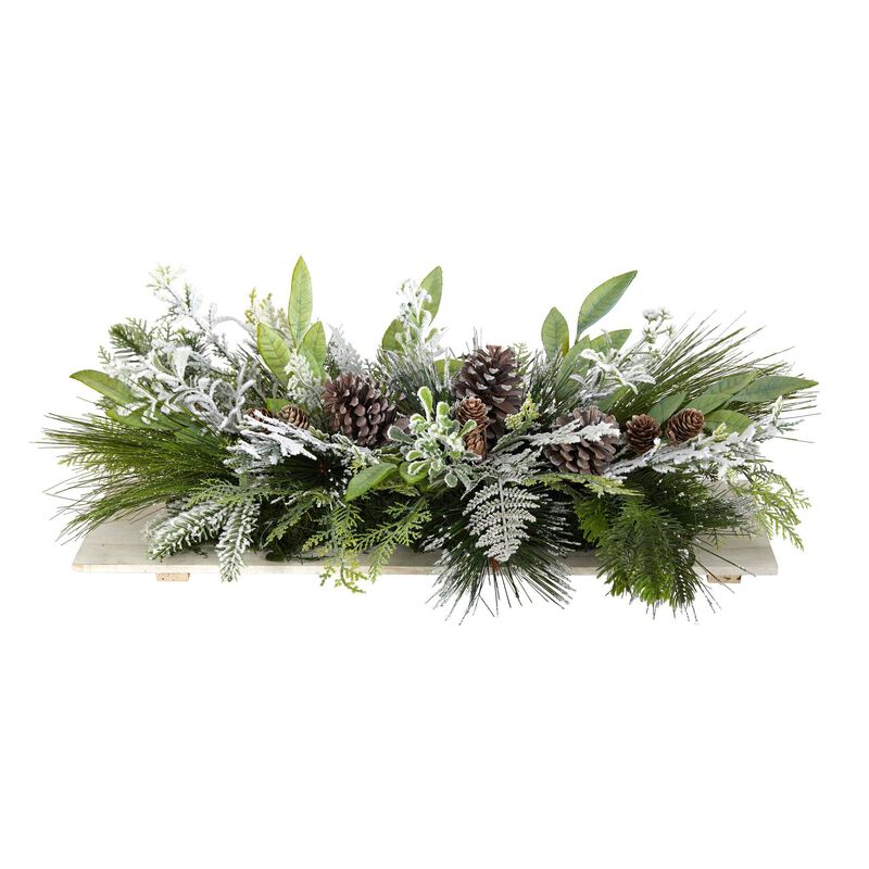 Nearly Natural 26-in Holiday Flocked Winter Christmas Artificial Arrangement Cutting Board Wall Decor or Table Arrangement