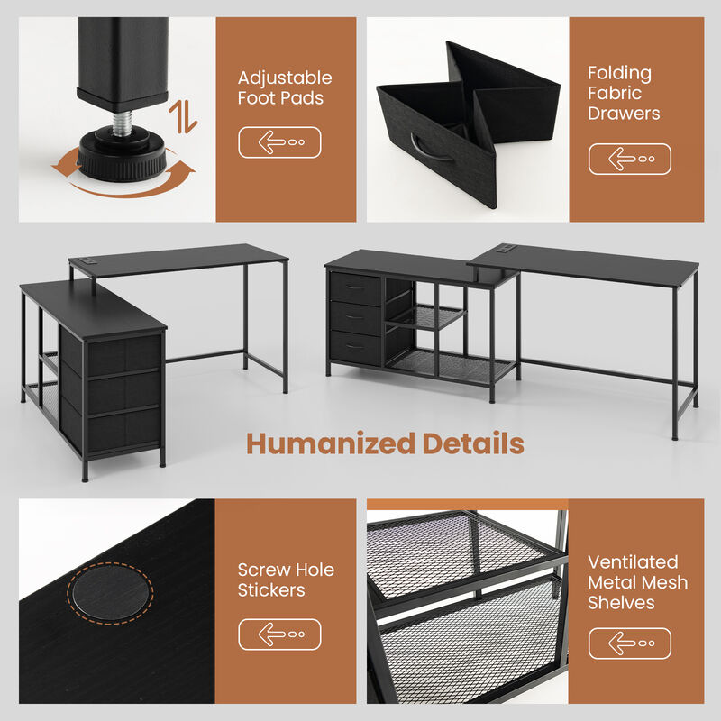 L-shaped Computer Desk with Power Outlet for Working Studying Gaming
