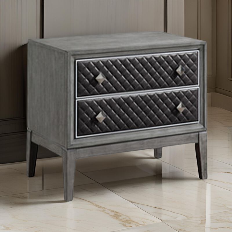 Stacy 29 Inch Nightstand, 2 Faux Leather Upholstered Drawers, Gray Wood - Benzara