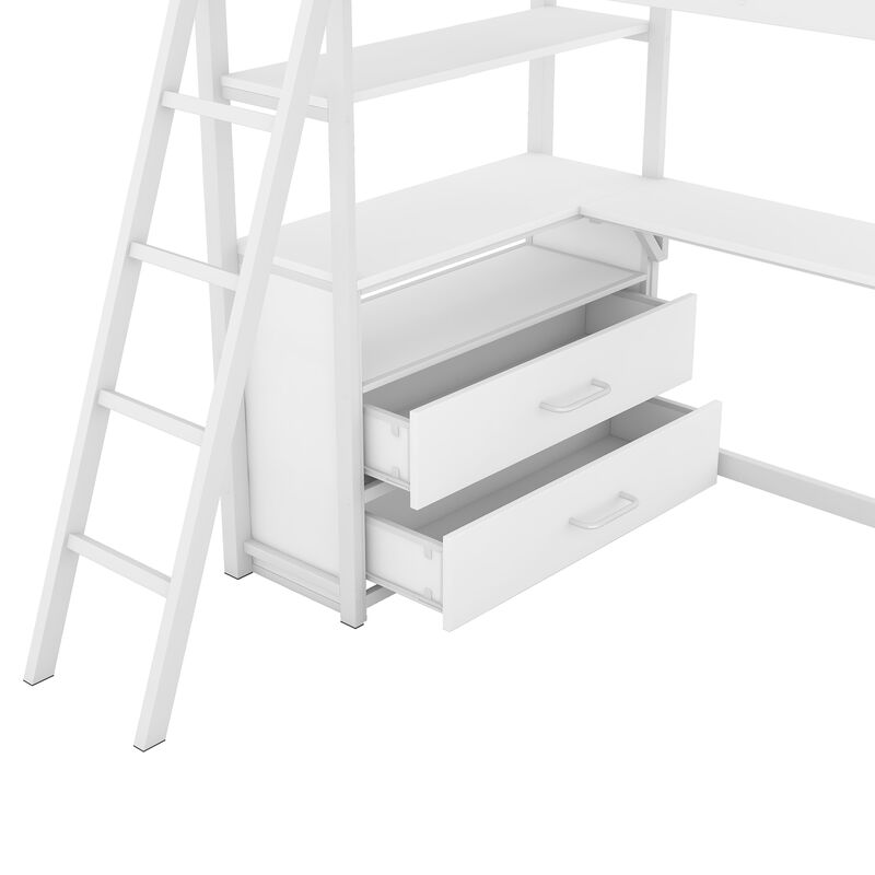 Merax Metal&Wood Loft Bed with Desk and Shelves