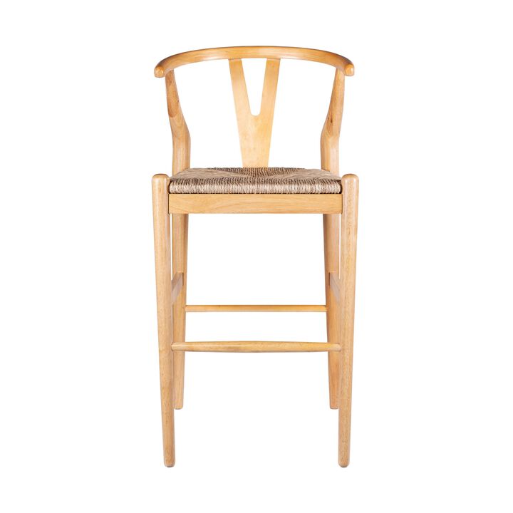 Cera Barstool Chair Set of 2, Handwoven Rope Seat, Natural Brown Wood - Benzara
