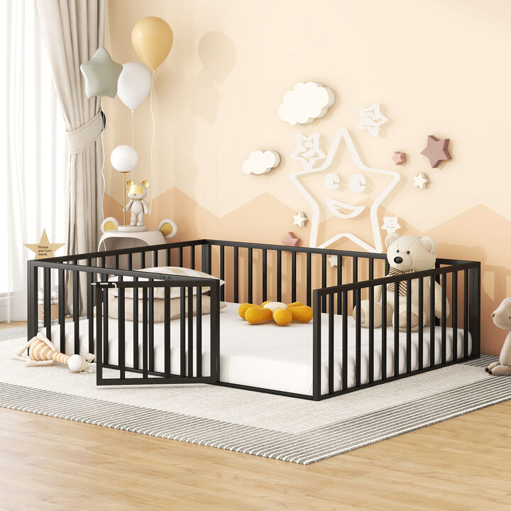 Streamdale Queen Size Metal Floor Bed Frame With Fence And Door