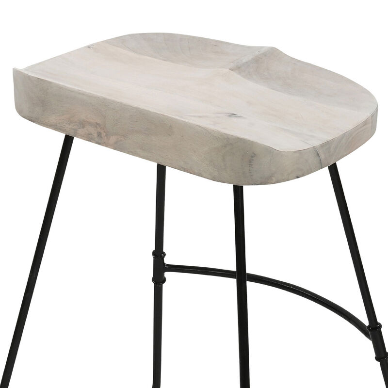 Tiva 24 Inch Handcrafted Backless Counter Height Stool, Whitewashed Mango Wood Saddle Seat, Black Metal Base-Benzara