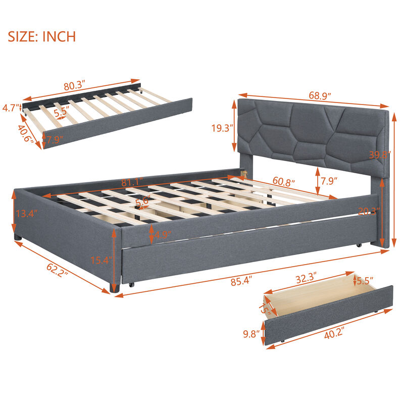 Merax Upholstered Platform Bed with Brick Pattern Headboard, with Twin XL Size Trundle and 2 drawers, Linen Fabric