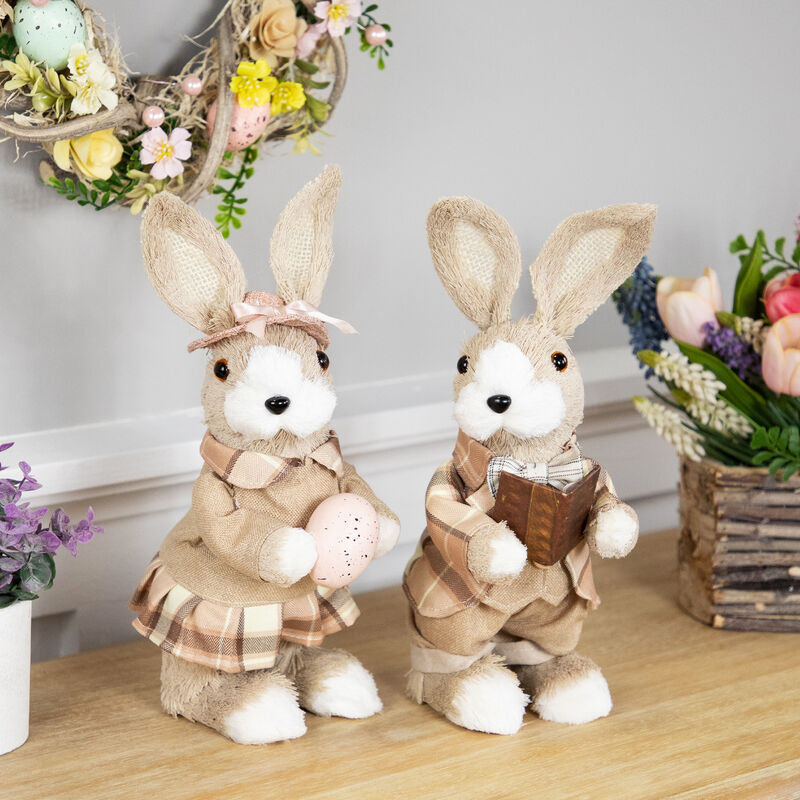Boy Easter Rabbit Figurine with Plaid Jacket - 12" - Beige