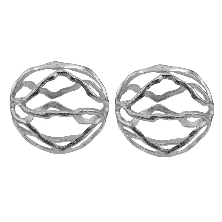 6 Inch Decorative Spheres, Aluminum, Asymmetrical Curves, Modern, Silver - Benzara