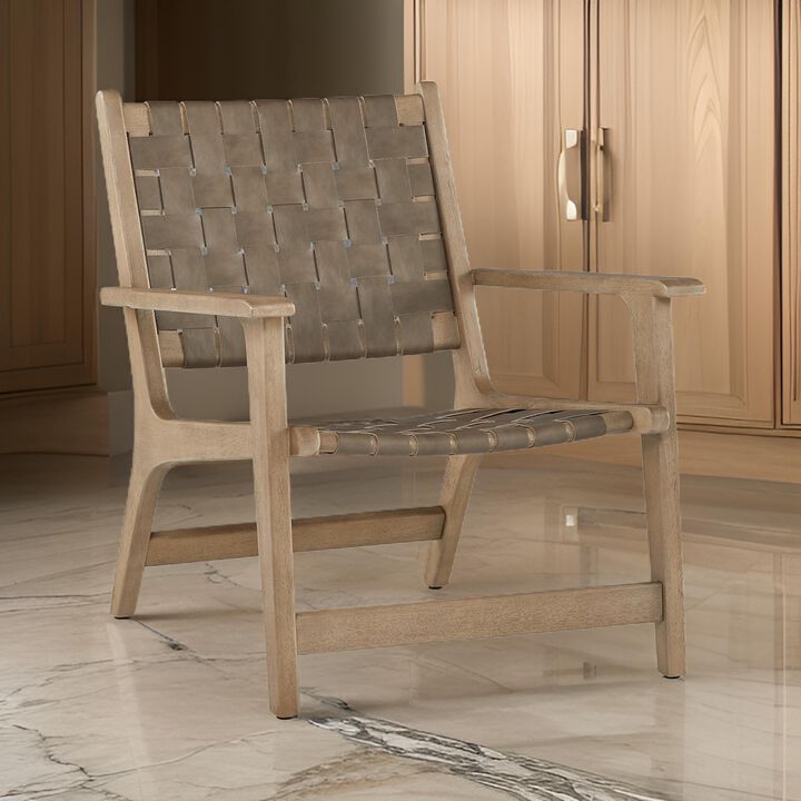Woven Accent Chair, Taupe Faux Leather Strips, Basket Weave Pattern, Brown -