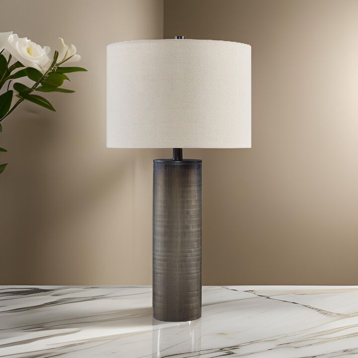 28 Inch Table Lamp, Brown Carved Frosted Glass, White Drum Fabric Shade - Benzara