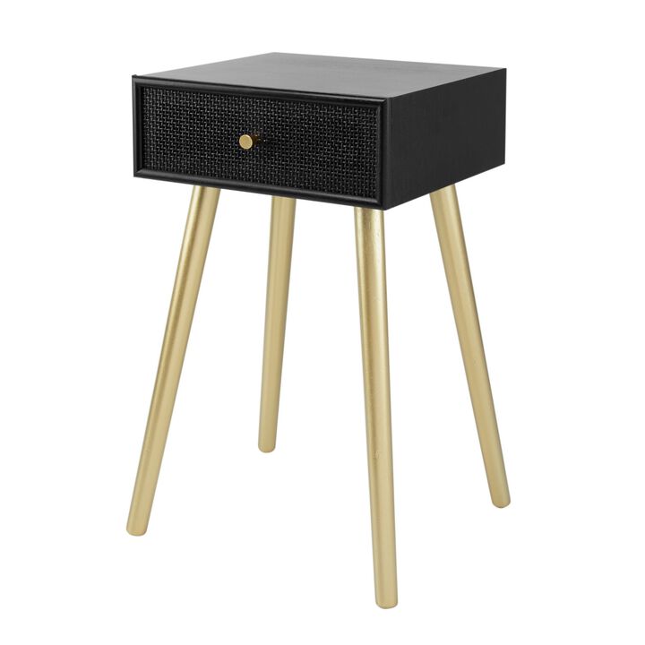 Gaia 28 Inch Pine Wood Side End Table, Gliding Rattan Drawer, Black, Gold-Benzara