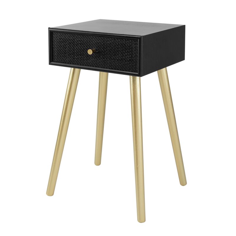 Gaia 28 Inch Pine Wood Side End Table, Gliding Rattan Drawer, Black, Gold-Benzara