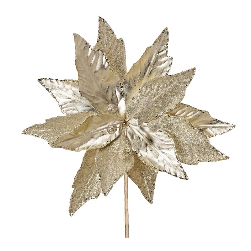 Glittered and Metallic Poinsettia Artificial Flower Stem for Holiday Décor (Set of 6)