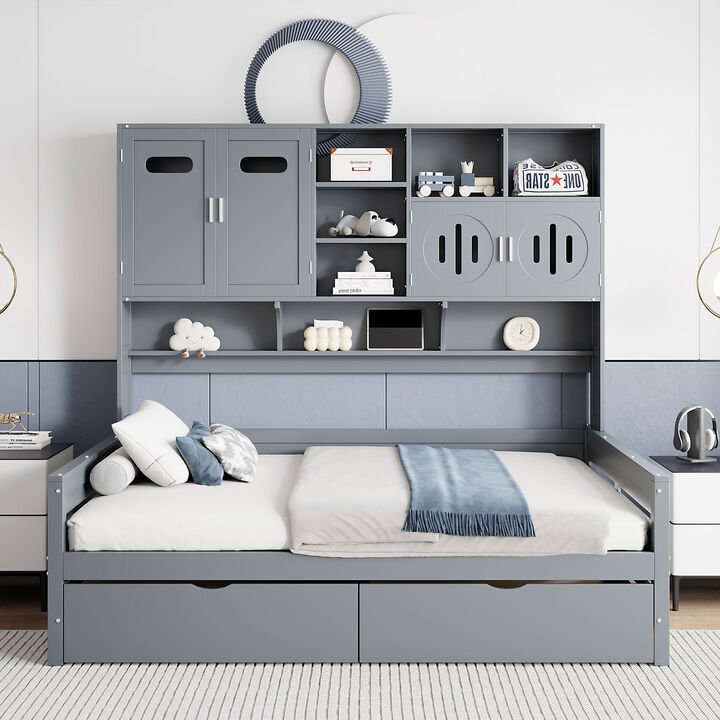 Merax Wooden Daybed with Storage Drawers and Cabinets