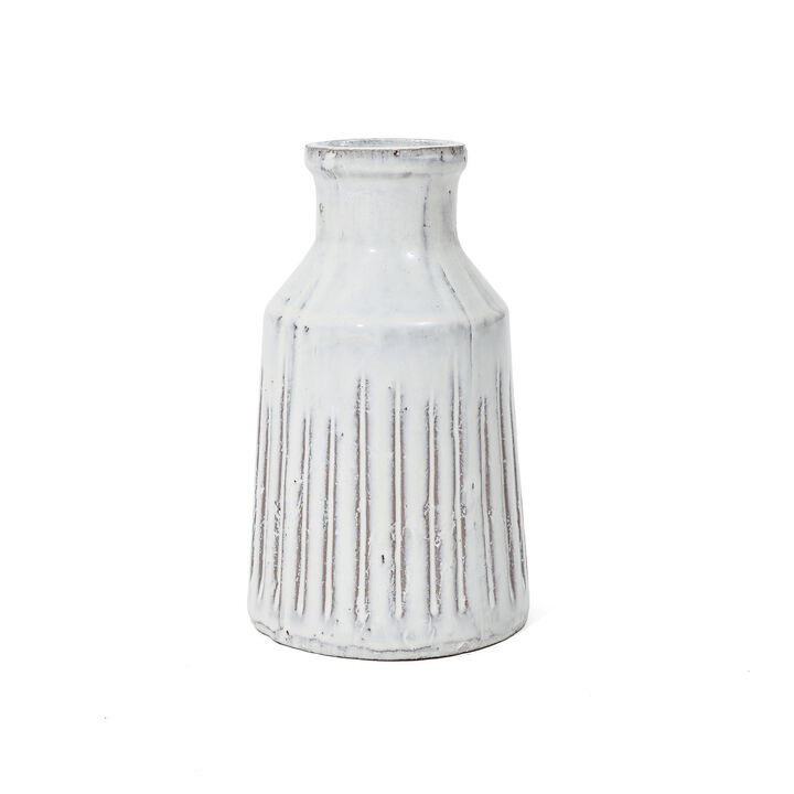 LuxenHome Vintage White Ribbed Terracotta Round Vase