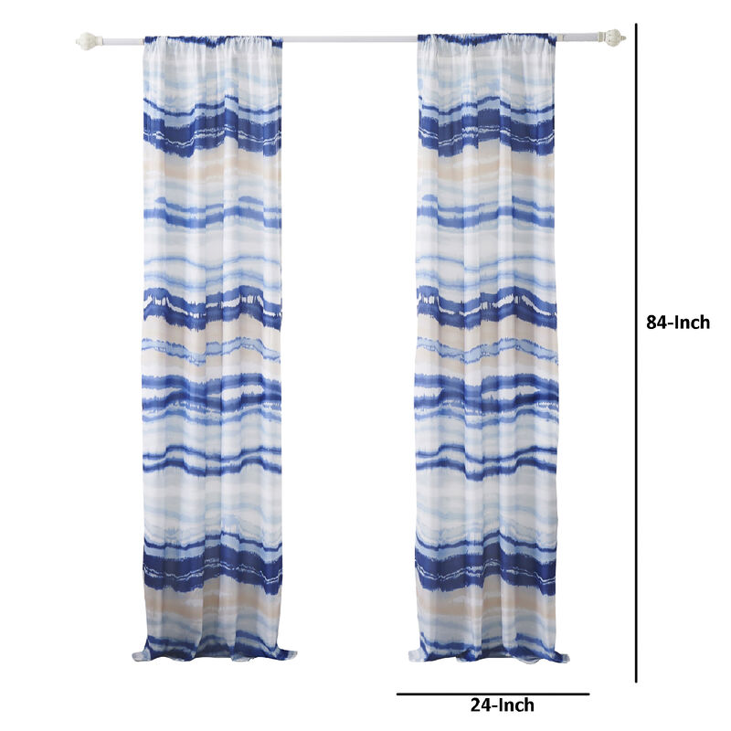 Oda 84 Inch Window Curtains, Microfiber Polyester, Blue Ocean Wave Print - Benzara