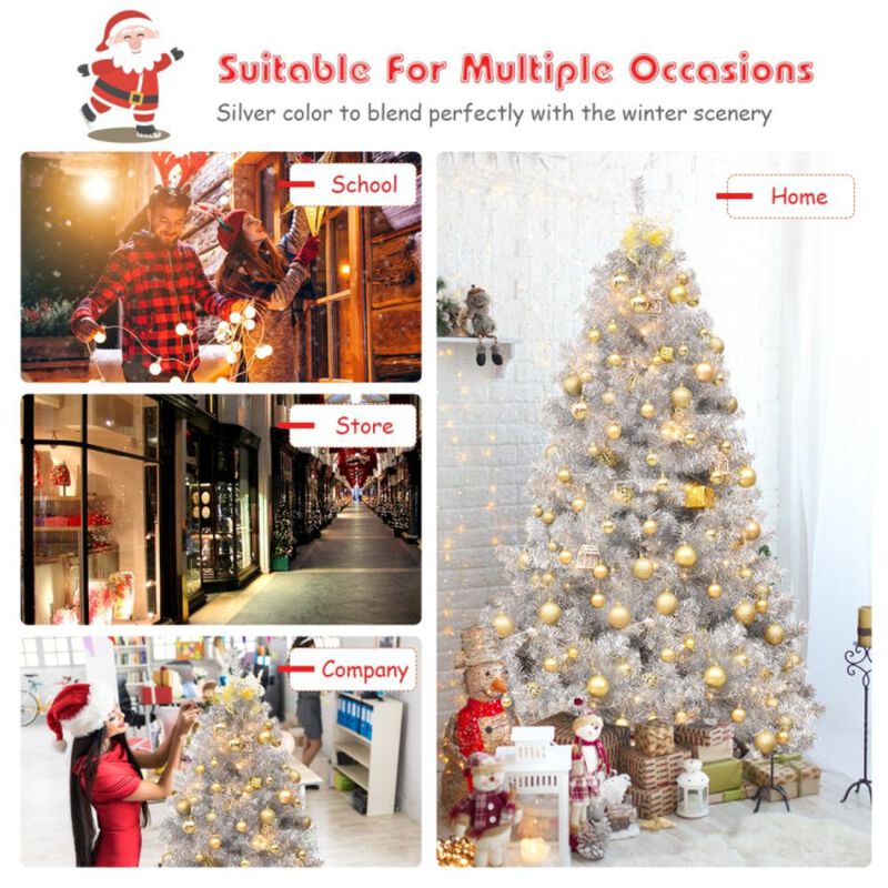 Hivvago 6 Feet Hinged Unlit Artificial Silver Tinsel Christmas Tree with Metal Stand