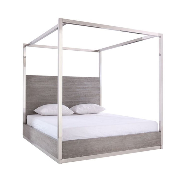 Cid Anvi Platform King Bed, Stainless Steel Canopy, Gray Elm Veneer - Benzara