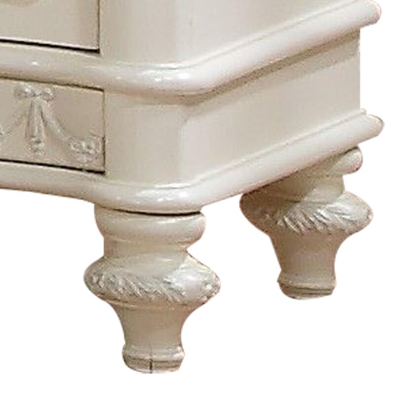 Benjara Dorie 26 Inch Nightstand with 2 Drawers, Oval Molded Trim, Ivory White Wood