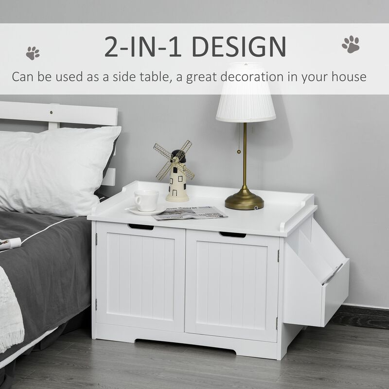 White Cat Bathroom: Wooden Litter Box Enclosure with Storage and Table