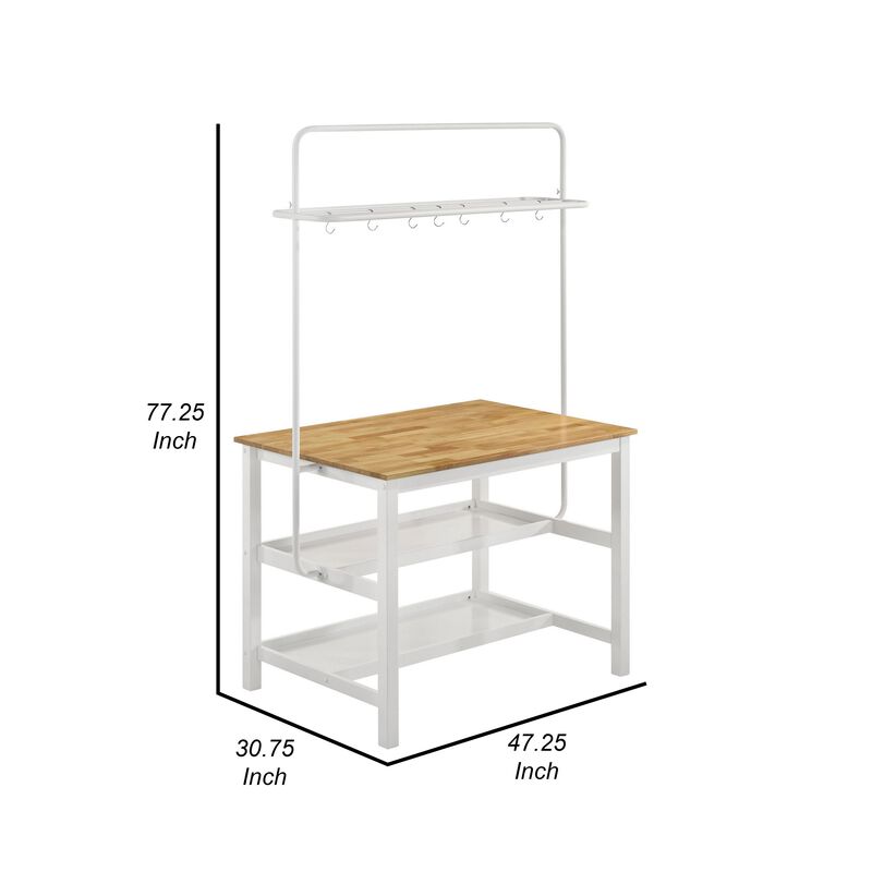 Hoa 77 Inch Counter Height Kitchen Table, Racks, Hook Stand, White Wood - Benzara
